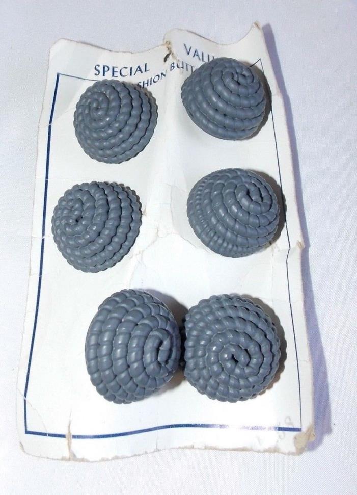 Vtg. Round Gray Plastic Shank Buttons Set 6 Raised Coiled Rope Look 1-1/4