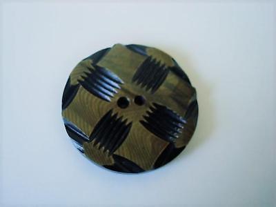 Vintage Laminated Olive Black Carved Celluloid Sew Thru Wafer Button 1 3/8 In.