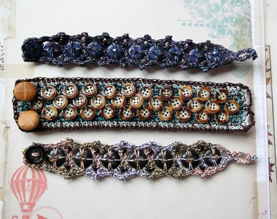 3 Vintage Plastic Button Hand Crocheted Beaded Bracelets