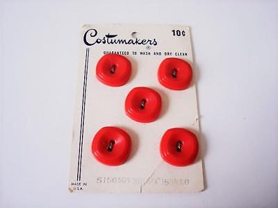 5 Vintage Red Plastic Buttons 3/4 In. Original Costumakers Card