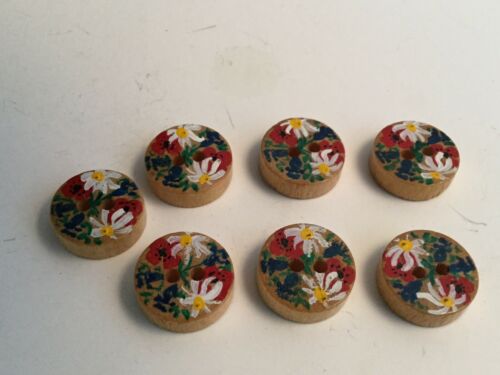 Vintage Handpainted Wood Buttons Flowers Set of 7 Buttons NOS (New Old Stock)