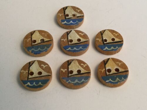 Vintage Handpainted Wood Buttons Sailboats Set of 7 Buttons NOS (New Old Stock)