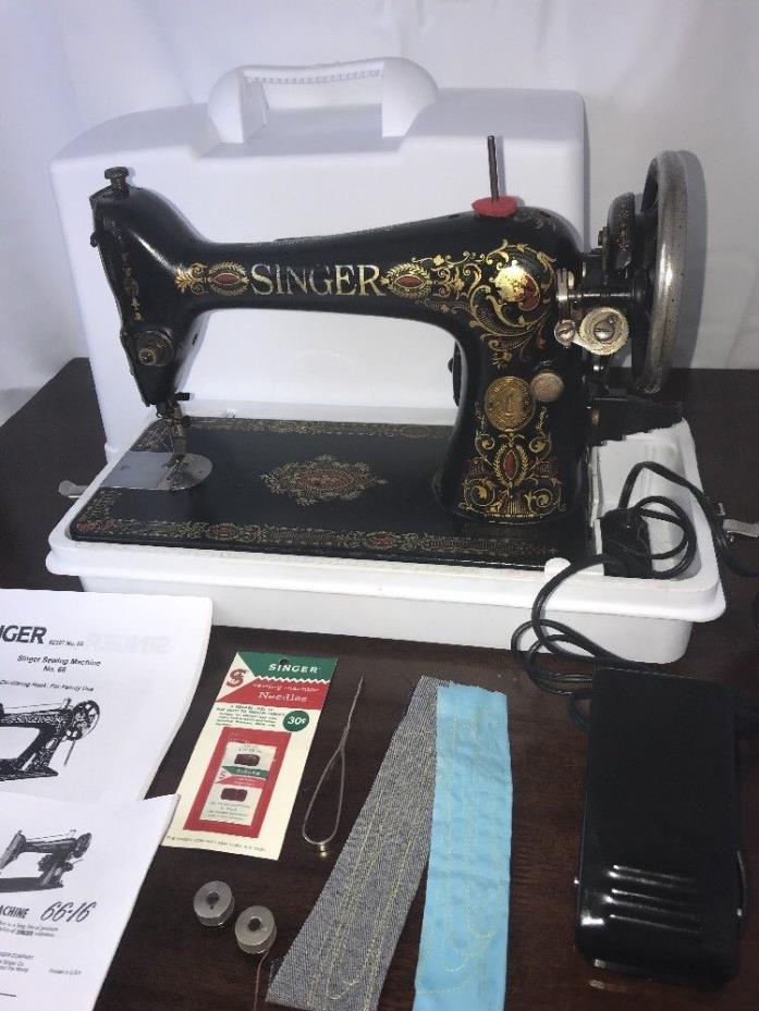 SERVICED Vtg Antique Singer 66 Red-Eye Sewing Machine Heavy Duty Ornate Electric