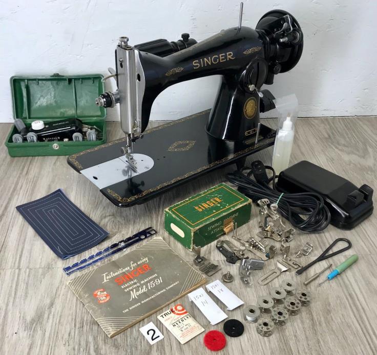 1954 Singer 15 91 Sewing Machine Gear Drive Heavy Duty Serviced Works Perfectly