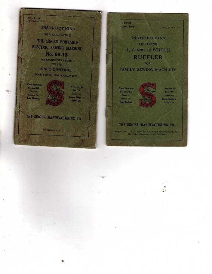 Vintage Singer 99 Instruction Booklets 1925 & 1929 Sewing Machine & Ruffler red