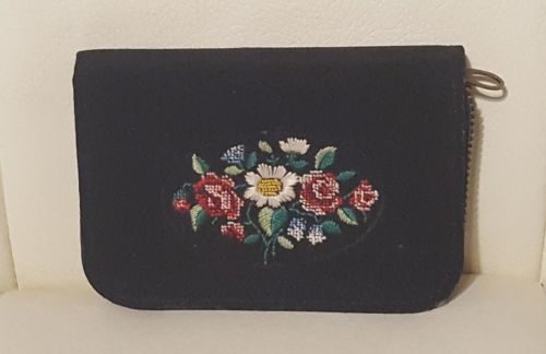 Vintage small miniature travel sewing/manicure kit embroidered floral W Germany