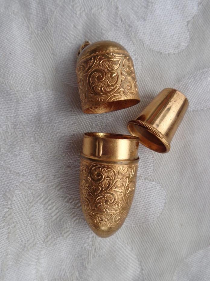 VINTAGE AUSTRIA EMBOSS GOLD GILT BULLET SHAPE SEWING THIMBLE w/ CASE CHATELAINE