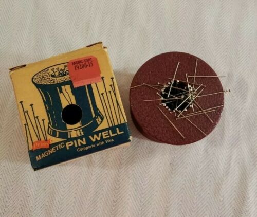 Vintage Prims Metal Tin Sewing Magnetic Pin Well Dispenser