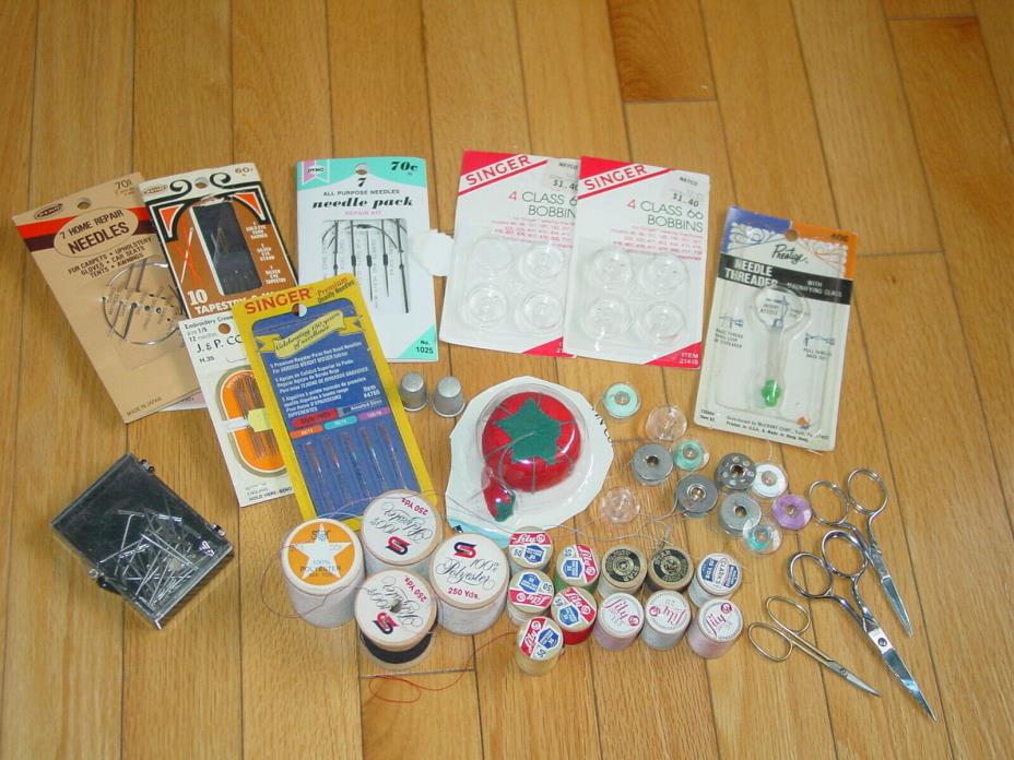 LOT VTG SEWING NOTIONS  NEEDLES THREADER  WOODEN SPOOLS SCISSORS BOBBINS