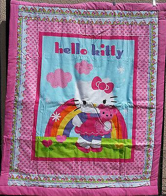 Hello Kitty with Rainbow & Teddy Bear Quilt - Flannel fabric back w/ cute birds