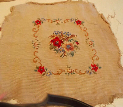 Beige Red Blue Flower Print Finished Needlepoint Cover / Upholstery Seat