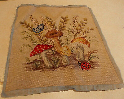 Beige Ladybug Butterfly Print Finished Needlepoint Cover / Upholstery Seat