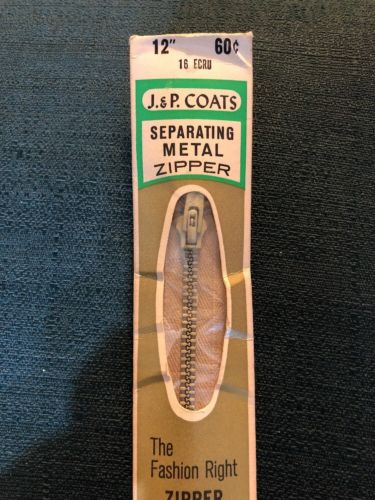 1960’s JP Coats Zipper 12” 16 Ecru Separating Metal Zipper Unused Sewing Craft