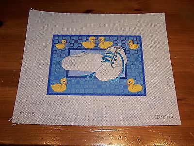Hand Painted Needlepoint Canvas Boy Baby Shoes Yellow Ducks on Blue cute
