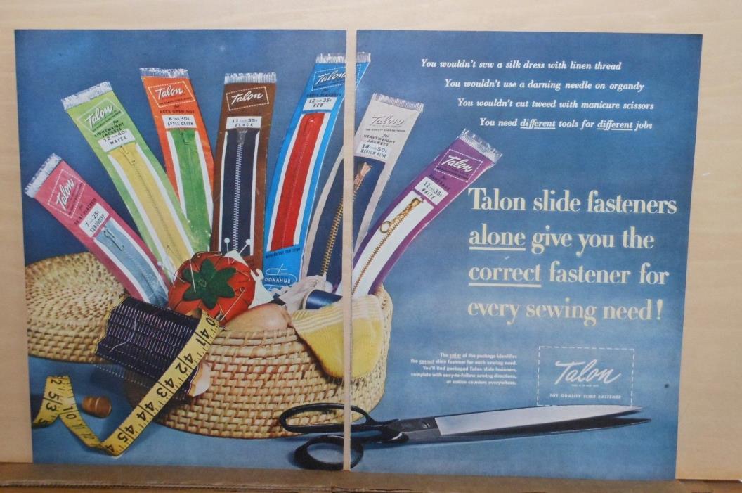 1948 two page magazine ad for Talon Zipper - Sewing basket full of Talon zippers