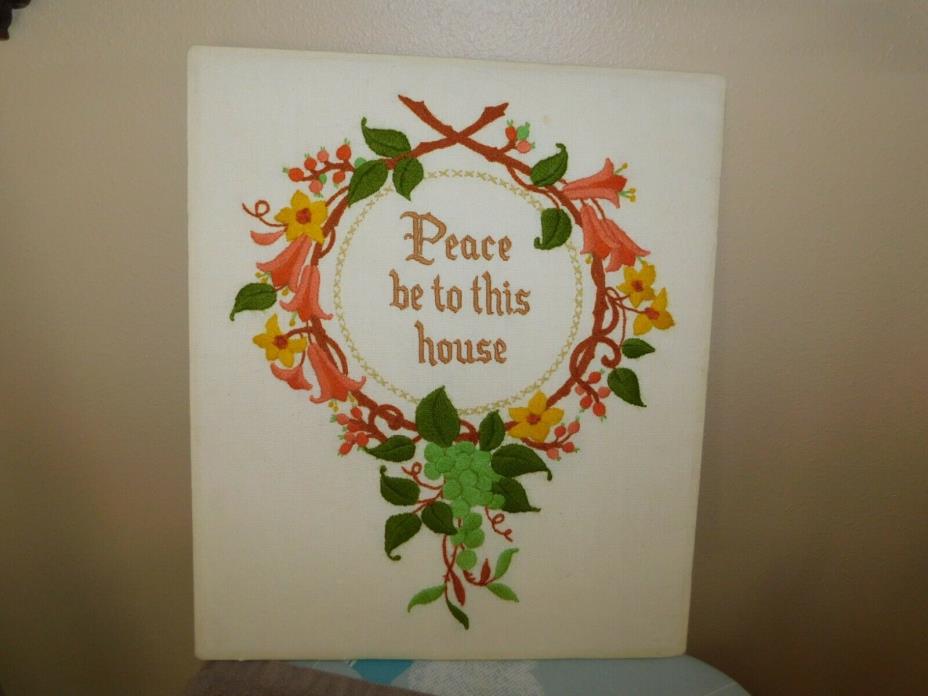 Peace Be to This House Crewel Embroidery Panel COMPLETED Handmade Jacobean