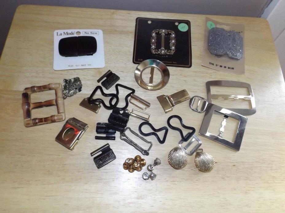 Lot of Vtg Sewing Notions Belt Buckles Clips Rhinestone Buttons