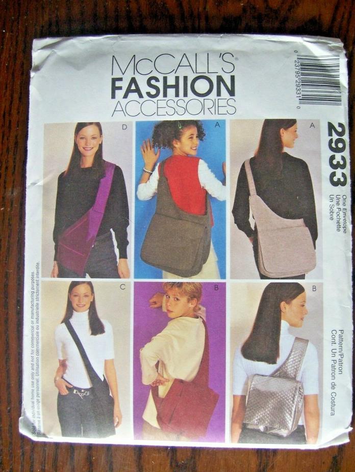 McCall's Fashion Accessories, Lined Bags, Pattern #2933, Uncut