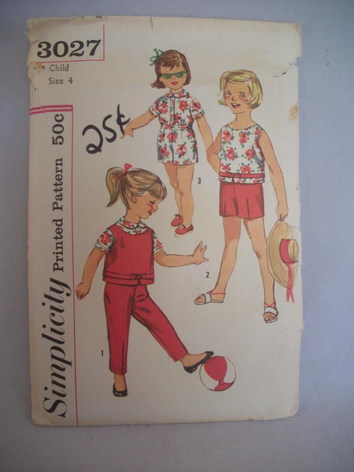 Vintage Simplicity Pattern~3027~Child's Top, Blouse, and Pants in 2 Lenghts 1960