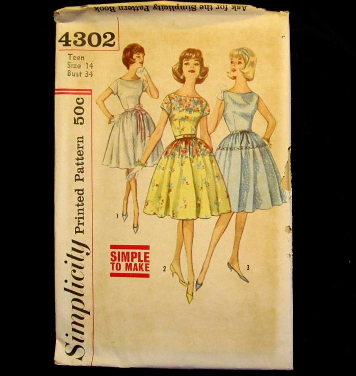 Vintage Sewing Pattern Teen Dress One Piece Scoop Neck Size 14 Simplicity 4302