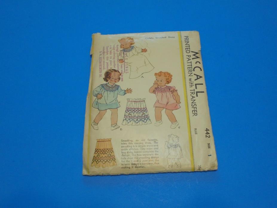 McCall 442 Sewing Pattern Toddler Girls Smocked Dress Size 1 VTG 1930s