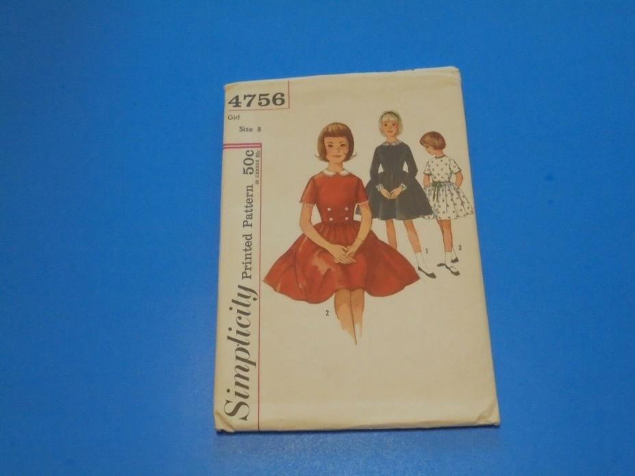 VTG 1950s Sewing Pattern Girls Dress W/Detachable Cuffs Size 8 Simplicity 4756