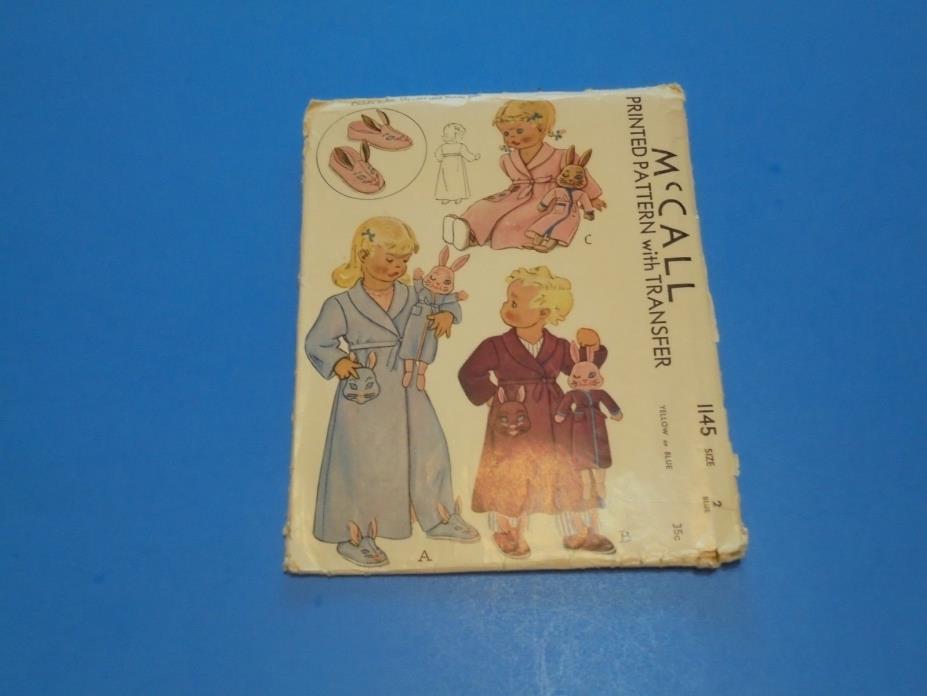 McCall Sewing Pattern 1145 Toddler Robe, Slippers & Bunny Doll Size 2 VTG 1940s