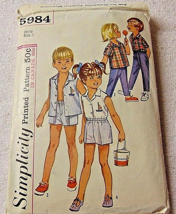 Vintage Simplicity Size 3 Unisex Child's Pattern #5984 (shirt, pants & shorts)
