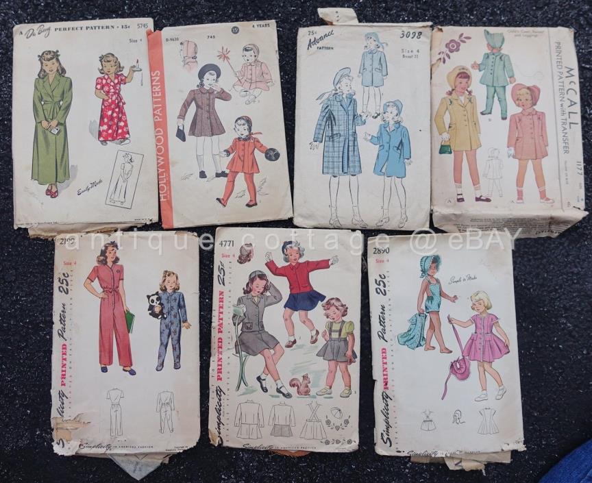 LOT 1940s vintage 7 different CHILD GIRL SEWING PATTERN size 4 dress pj coat