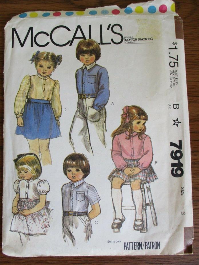 Vintage 1982 Toddler Size 3 Girls & Boys Blouse/Shirt CUT Pattern Chest 22