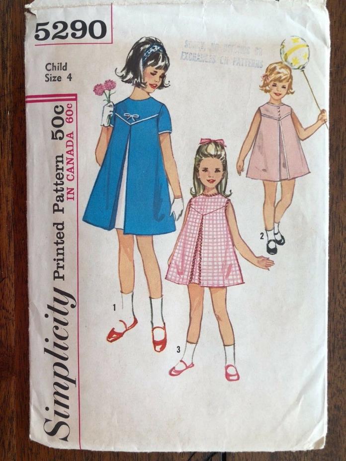 Vintage 60's Simplicity 5290 girls dress pattern size 4 inverted pleat, yoke