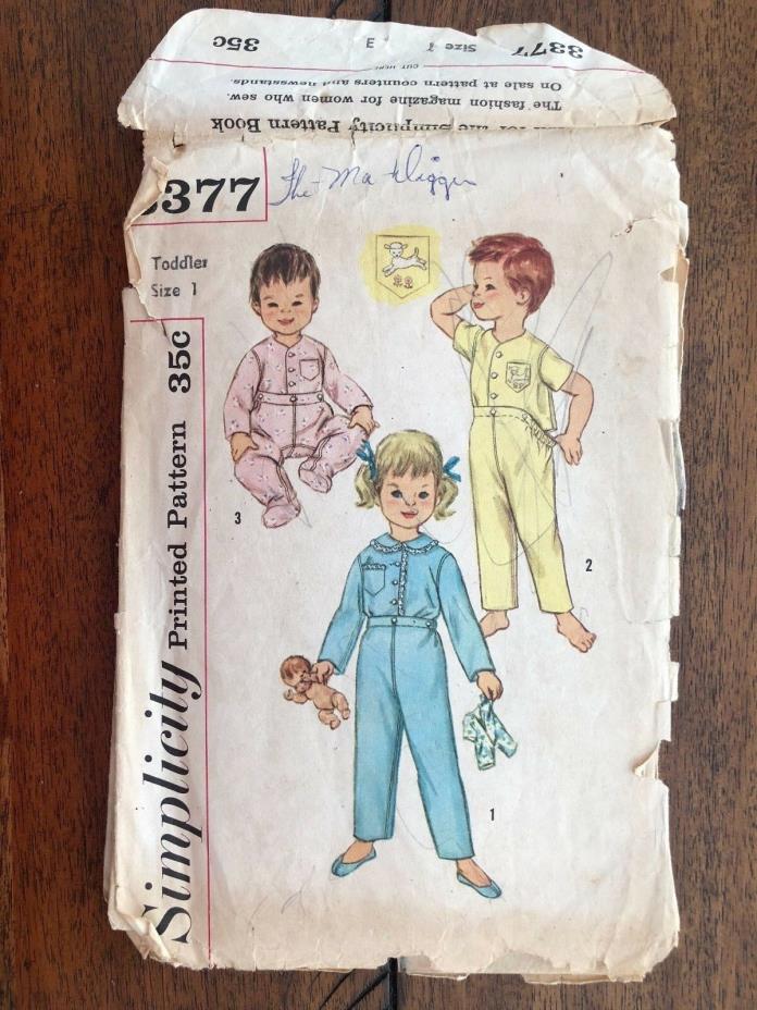 Vintage 50's Simplicity pattern 3377 toddlers two-piece pajamas transfer size 1
