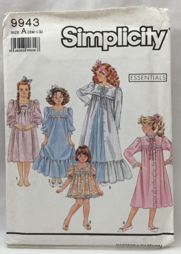 1990 Simplicity Sewing Pattern #9943 Girls Baby Doll PJs Nightgown Robe 5134F