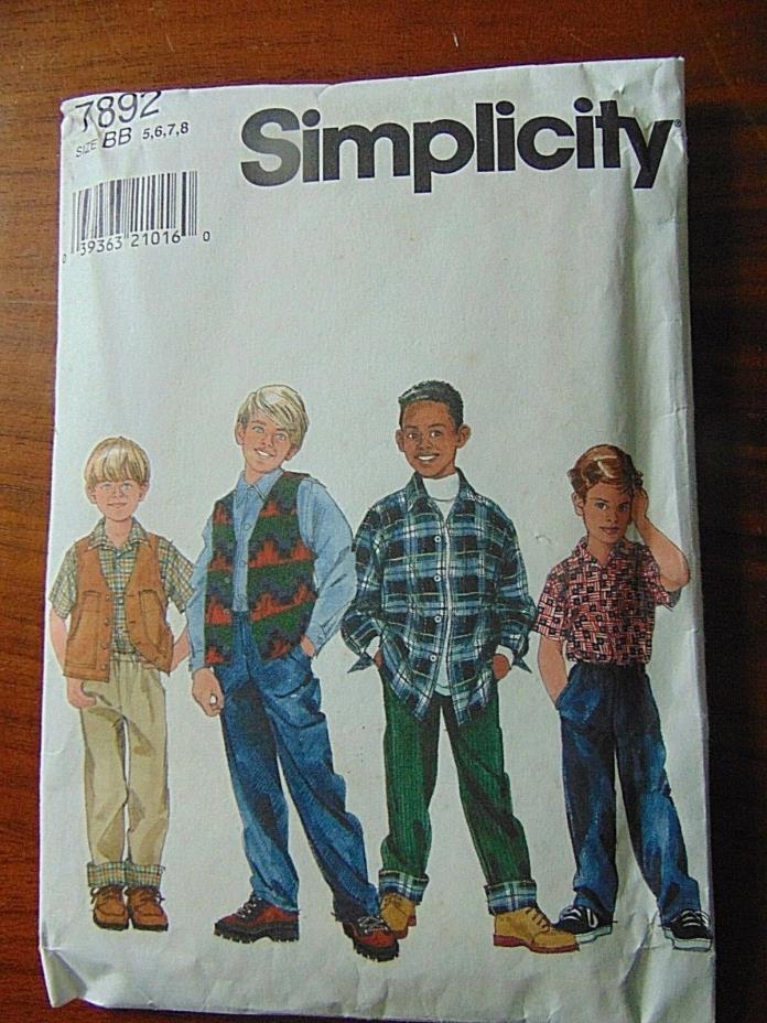 Simplicity #7892 BOYS SZ BB 5,6,7,8 VEST PANTS SHIRT Sewing Pattern UNCUT