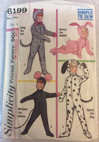 Simplicity Pattern 6199 Childrens Costumes Size 4 Cat Rabbit Mouse Dog, Cut