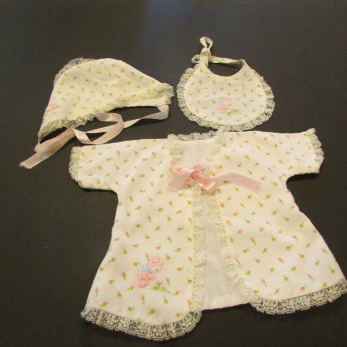Vintage Baby Layette Floral Pink Roses Embroidered Handwork Bonnet Bib Robe 0-3