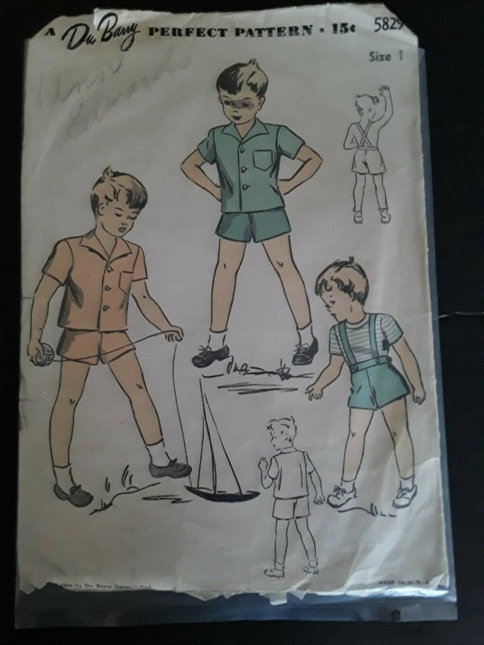 Vtg 1944~Du Barry~ Pattern 5829 Boy's Suit~Size 1~Toddler~Shorts~Shirt