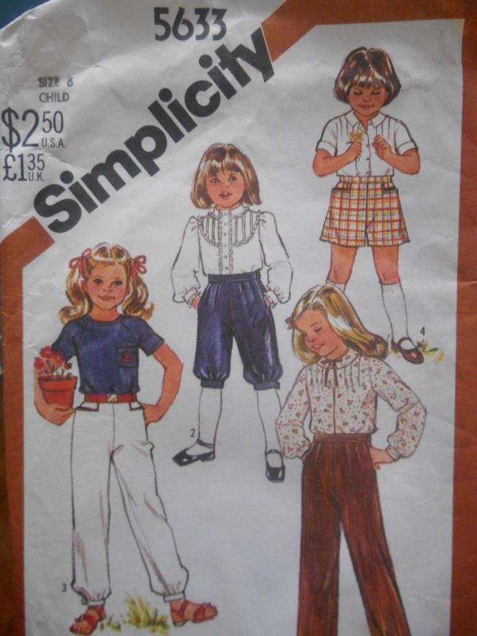 Vintage Simplicity Pattern 5633 Girl Child Casual Wear Pants Short Shirts Size 6
