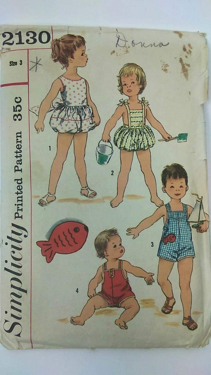 Vintage Sewing Pattern Simplicity 2130 Childrens One Piece Playsuits 1950s 1960s