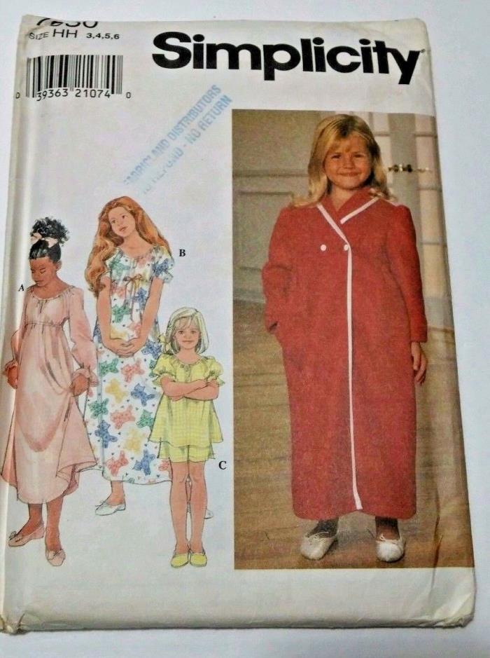 Simplicity 7930 Pattern Pajama Robe Gown Girls Size 3 4 5 6 Peasant