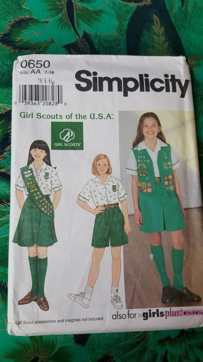 Vintage Simplicity Pattern 0650 7776 Girl Scouts Uniform Tops Bottoms Sash UNCUT