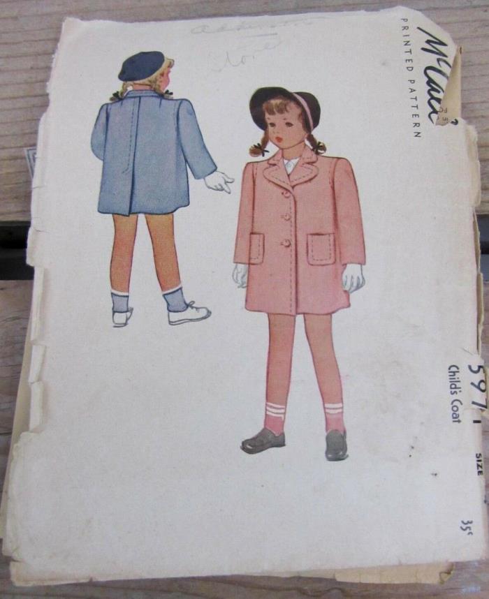 Vintage  dt. 1948 McCall Sewing Pattern 5971 * Child's Coat * Size 4