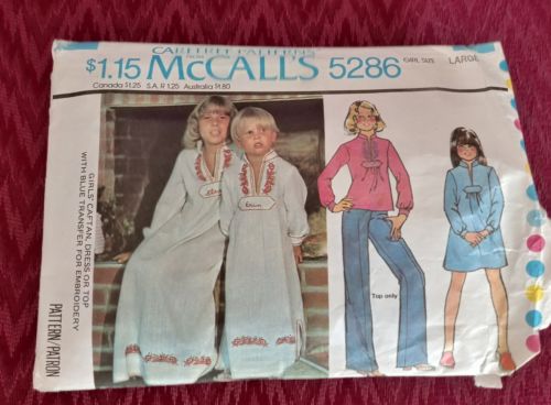 Vtg 70s McCalls 5286 Girls Caftan, Dress, Top  Embroidered Hippy Boho L-12-14