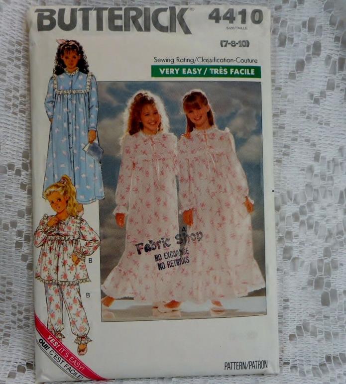 BUTTERICK  4410 Girls 7-8-10 very easy Nightgown Robe & pajamas (complete uncut)