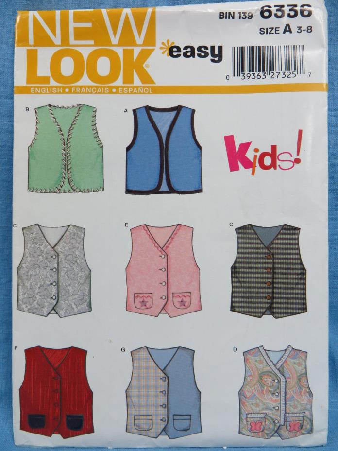 New Look 6336 Size A 3-8 Kids Easy Vest Pattern New Uncut