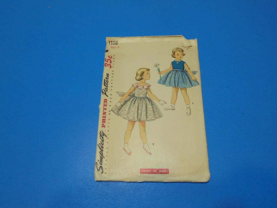VTG 1950s Simplicity Pattern 1108 Girls Dress W/Full Gathered Skirt Size 4