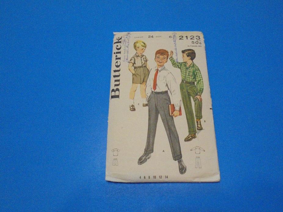 Butterick Sewing Pattern #2123 Boys Pants & Tailored Shirt Size 6 Vintage 1960s