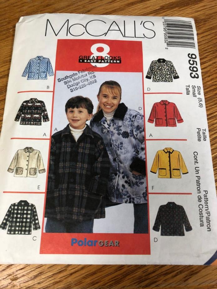 McCall's  sewing pattern,child's  unisex jacket, size 5, 6  UNCUT, Fleece patte