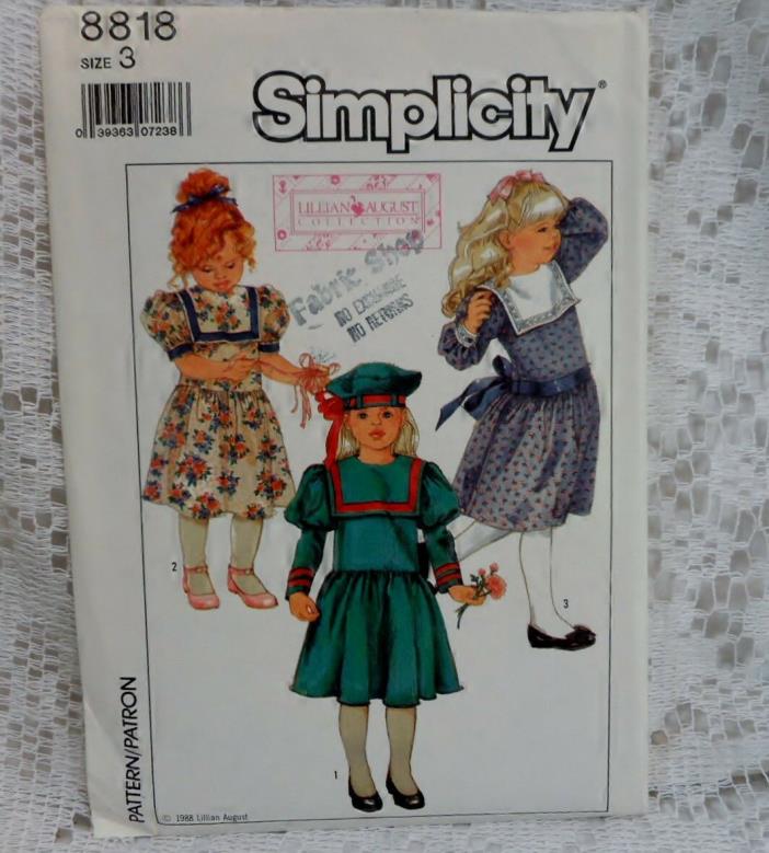 Simplicity 8818 Girls size 3 Dress & Hat SQUARE COLLAR (complete uncut)