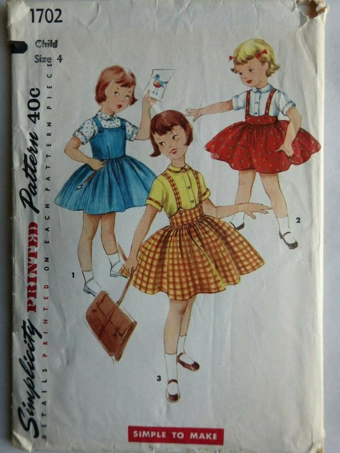 Vtg. Simplicity Sewing Pattern 1702 ~ Child's Jumper, Skirt and Blouse Size 4